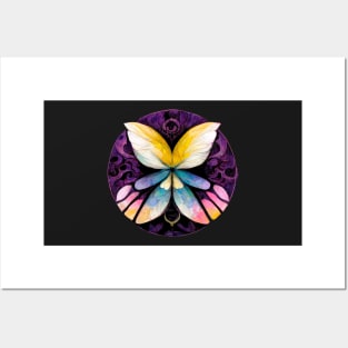butterfly, mandala, purple, pink, black, blue, green, yellow, gold, silver, white, rose, freesia Posters and Art